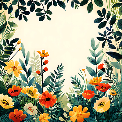 JPG 일러스트 자연 프레임 사람없음 초록색 여름 봄 들꽃 풀잎 화려 카피스페이스 국내일러스트 AI일러스트 AI콘텐츠 계절 꽃 컬러 컨셉 잎 공백 풀_식물 생태계 파일형식