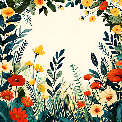 JPG 일러스트 자연 프레임 사람없음 초록색 여름 봄 들꽃 풀잎 화려 카피스페이스 국내일러스트 AI일러스트 AI콘텐츠 계절 꽃 컬러 컨셉 잎 공백 풀_식물 생태계 파일형식