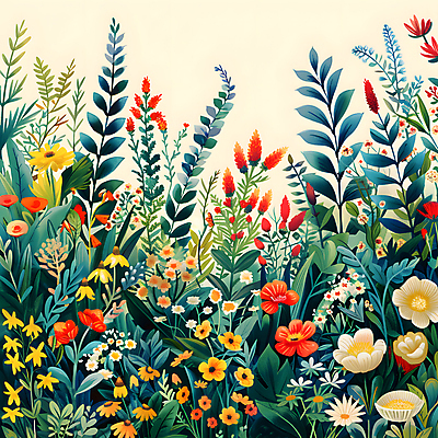 JPG 일러스트 자연 프레임 사람없음 초록색 여름 봄 들꽃 풀잎 화려 카피스페이스 국내일러스트 AI일러스트 AI콘텐츠 계절 꽃 컬러 컨셉 잎 공백 풀_식물 생태계 파일형식