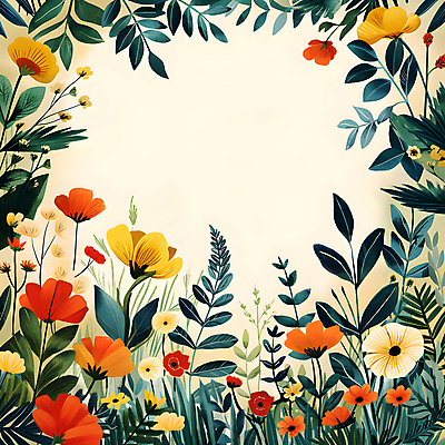 JPG 일러스트 자연 프레임 사람없음 초록색 여름 봄 들꽃 풀잎 화려 카피스페이스 국내일러스트 AI일러스트 AI콘텐츠 계절 꽃 컬러 컨셉 잎 공백 풀_식물 생태계 파일형식