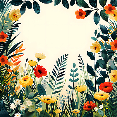 JPG 일러스트 자연 프레임 사람없음 초록색 여름 봄 들꽃 풀잎 화려 카피스페이스 국내일러스트 AI일러스트 AI콘텐츠 계절 꽃 컬러 컨셉 잎 공백 풀_식물 생태계 파일형식