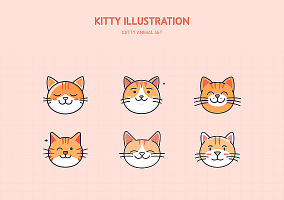 캐릭터 얼굴 분홍색 스티커 일러스트 사람없음 세트 귀여움 고양이 엘리먼트 일러캐릭터 AI파일 컬러 컨셉 포유류 신체부위 반려동물 파일형식 벡터