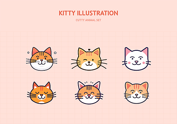캐릭터 얼굴 분홍색 스티커 일러스트 사람없음 세트 귀여움 고양이 엘리먼트 일러캐릭터 AI파일 컬러 컨셉 포유류 신체부위 반려동물 파일형식 벡터