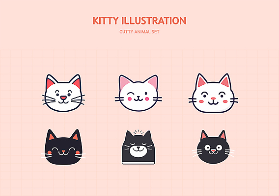 캐릭터 얼굴 분홍색 스티커 일러스트 사람없음 세트 귀여움 고양이 엘리먼트 일러캐릭터 AI파일 컬러 컨셉 포유류 신체부위 반려동물 파일형식 벡터