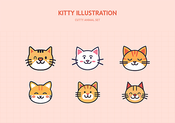 캐릭터 얼굴 분홍색 스티커 일러스트 사람없음 세트 귀여움 고양이 엘리먼트 일러캐릭터 AI파일 컬러 컨셉 포유류 신체부위 반려동물 파일형식 벡터