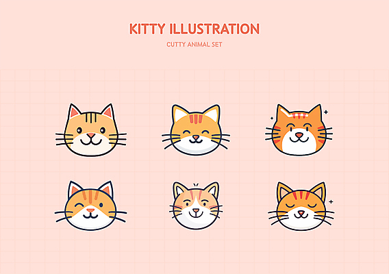 캐릭터 얼굴 분홍색 스티커 일러스트 사람없음 세트 귀여움 고양이 엘리먼트 일러캐릭터 AI파일 컬러 컨셉 포유류 신체부위 반려동물 파일형식 벡터