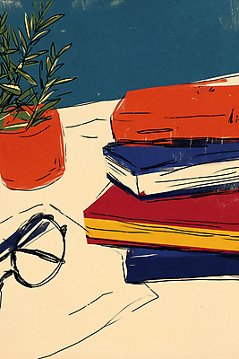 JPG 식물 화분 안경 일러스트 사람없음 컬러풀 독서 가을 분위기 서재 책더미 국내일러스트 AI일러스트 AI콘텐츠 잡화 계절 컬러 컨셉 책 무더기 파일형식