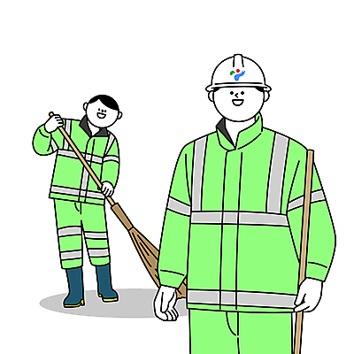 전신 남자 일러스트 들기 성인 두명 안전모 빗자루 청소 청소부 공무원 미화원 환경미화원 성인남자만 국내일러스트 AI파일 직업 모션 사람 헬멧 안전장비 청소도구 남자만 성인만 파일형식 벡터