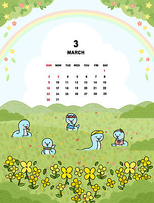 PSD 구름 꽃 무지개 꽃밭 여러마리 일러스트 산 잔디 사람없음 초록색 봄 달력 뱀띠 뱀 3월 2025년 을사년 국내일러스트 푸른뱀 푸른뱀캐릭터 자연요소 식물 계절 컬러 다수 파충류 십이지신 날짜 연도 뱀캐릭터 파일형식