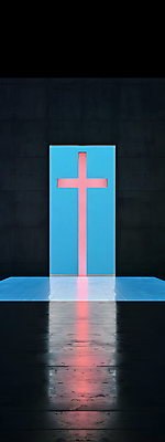 JPG 디자인 건축 기독교 벽 십자가 일러스트 사람없음 파란색 반사 평화 공간 기도 틈 수면 모던 심플 대칭 국내일러스트 AI일러스트 AI콘텐츠 종교 컬러 컨셉 물 파일형식