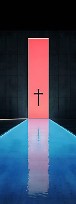 JPG 디자인 건축 기독교 벽 십자가 일러스트 사람없음 파란색 반사 평화 공간 기도 틈 수면 모던 심플 대칭 국내일러스트 AI일러스트 AI콘텐츠 종교 컬러 컨셉 물 파일형식