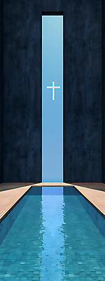 JPG 디자인 건축 기독교 벽 십자가 일러스트 사람없음 파란색 반사 평화 공간 기도 틈 수면 모던 심플 대칭 국내일러스트 AI일러스트 AI콘텐츠 종교 컬러 컨셉 물 파일형식