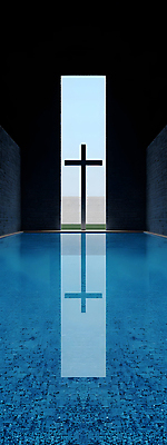 JPG 디자인 건축 기독교 벽 십자가 일러스트 사람없음 파란색 반사 평화 공간 기도 틈 수면 모던 심플 대칭 국내일러스트 AI일러스트 AI콘텐츠 종교 컬러 컨셉 물 파일형식