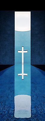 JPG 디자인 건축 기독교 벽 십자가 일러스트 사람없음 파란색 반사 평화 공간 기도 틈 수면 모던 심플 대칭 국내일러스트 AI일러스트 AI콘텐츠 종교 컬러 컨셉 물 파일형식