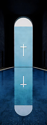 JPG 디자인 건축 기독교 벽 십자가 일러스트 사람없음 파란색 반사 평화 공간 기도 틈 수면 모던 심플 대칭 국내일러스트 AI일러스트 AI콘텐츠 종교 컬러 컨셉 물 파일형식