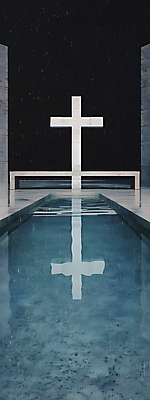 JPG 디자인 건축 기독교 벽 십자가 일러스트 사람없음 파란색 반사 평화 공간 기도 틈 수면 모던 심플 대칭 국내일러스트 AI일러스트 AI콘텐츠 종교 컬러 컨셉 물 파일형식