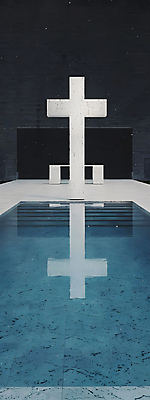 JPG 디자인 건축 기독교 벽 십자가 일러스트 사람없음 파란색 반사 평화 공간 기도 틈 수면 모던 심플 대칭 국내일러스트 AI일러스트 AI콘텐츠 종교 컬러 컨셉 물 파일형식