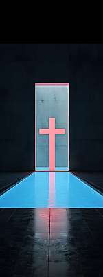 JPG 디자인 건축 기독교 벽 십자가 일러스트 사람없음 파란색 반사 평화 공간 기도 틈 수면 모던 심플 대칭 국내일러스트 AI일러스트 AI콘텐츠 종교 컬러 컨셉 물 파일형식