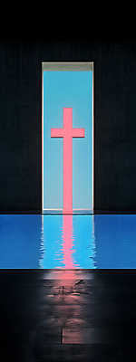 JPG 디자인 건축 기독교 벽 십자가 일러스트 사람없음 파란색 반사 평화 공간 기도 틈 수면 모던 심플 대칭 국내일러스트 AI일러스트 AI콘텐츠 종교 컬러 컨셉 물 파일형식