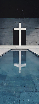 JPG 디자인 건축 기독교 벽 십자가 일러스트 사람없음 파란색 반사 평화 공간 기도 틈 수면 모던 심플 대칭 국내일러스트 AI일러스트 AI콘텐츠 종교 컬러 컨셉 물 파일형식