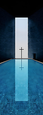 JPG 디자인 건축 기독교 벽 십자가 일러스트 사람없음 파란색 반사 평화 공간 기도 틈 수면 모던 심플 대칭 국내일러스트 AI일러스트 AI콘텐츠 종교 컬러 컨셉 물 파일형식
