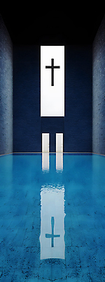 JPG 디자인 건축 기독교 벽 십자가 일러스트 사람없음 파란색 반사 평화 공간 기도 틈 수면 모던 심플 대칭 국내일러스트 AI일러스트 AI콘텐츠 종교 컬러 컨셉 물 파일형식