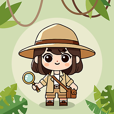 전신 캐릭터 모자 여자 어린이 인물캐릭터 일러스트 배낭 돋보기 한명 들기 소녀 탐험 모험가 소녀한명만 일러캐릭터 AI파일 1 잡화 가방 모션 사람 여자한명만 소녀만 파일형식 벡터