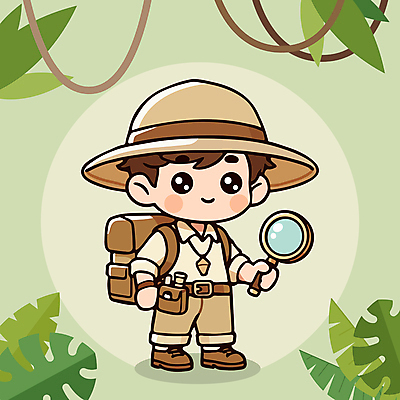 전신 캐릭터 모자 남자 어린이 인물캐릭터 일러스트 배낭 돋보기 한명 들기 소년 탐험 모험가 소년한명만 일러캐릭터 AI파일 1 잡화 가방 모션 사람 남자한명만 소년만 파일형식 벡터