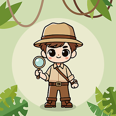 전신 캐릭터 모자 남자 어린이 인물캐릭터 일러스트 돋보기 한명 들기 소년 탐험 모험가 소년한명만 일러캐릭터 AI파일 1 잡화 모션 사람 남자한명만 소년만 파일형식 벡터