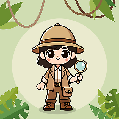 전신 캐릭터 여자 어린이 인물캐릭터 일러스트 돋보기 한명 들기 소녀 탐험 모험가 소녀한명만 일러캐릭터 AI파일 1 모션 사람 여자한명만 소녀만 파일형식 벡터