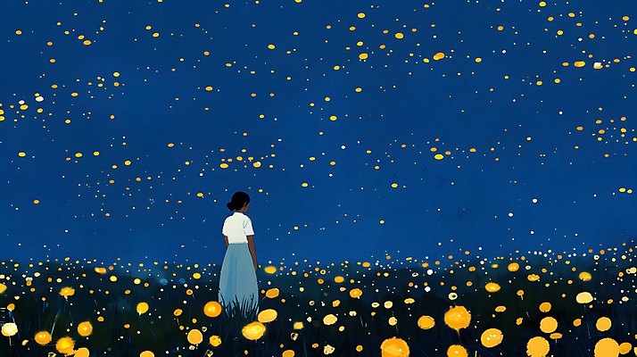 JPG 여자 꽃밭 야경 일러스트 청소년 자연 밤하늘 한명 초원 파란색 빛 평화 어둠 고요 반딧불이 십대여자한명만 국내일러스트 AI일러스트 AI콘텐츠 1 꽃 컬러 곤충 컨셉 하늘 사람 야간 생태계 여자한명만 십대여자만 파일형식 풍경_경치