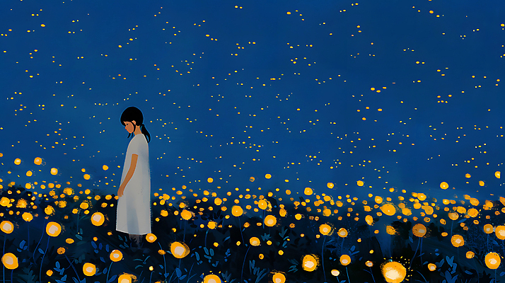 JPG 여자 꽃밭 야경 일러스트 청소년 자연 밤하늘 한명 초원 파란색 빛 평화 어둠 고요 반딧불이 십대여자한명만 국내일러스트 AI일러스트 AI콘텐츠 1 꽃 컬러 곤충 컨셉 하늘 사람 야간 생태계 여자한명만 십대여자만 파일형식 풍경_경치