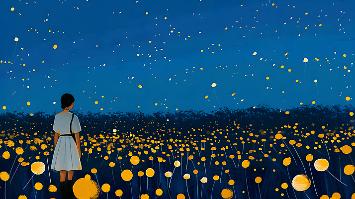 JPG 여자 꽃밭 야경 일러스트 청소년 자연 밤하늘 한명 초원 파란색 빛 평화 어둠 고요 반딧불이 십대여자한명만 국내일러스트 AI일러스트 AI콘텐츠 1 꽃 컬러 곤충 컨셉 하늘 사람 야간 생태계 여자한명만 십대여자만 파일형식 풍경_경치