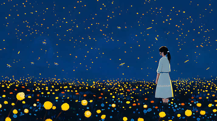 JPG 여자 꽃밭 야경 일러스트 청소년 자연 밤하늘 한명 초원 파란색 빛 평화 어둠 고요 반딧불이 십대여자한명만 국내일러스트 AI일러스트 AI콘텐츠 1 꽃 컬러 곤충 컨셉 하늘 사람 야간 생태계 여자한명만 십대여자만 파일형식 풍경_경치