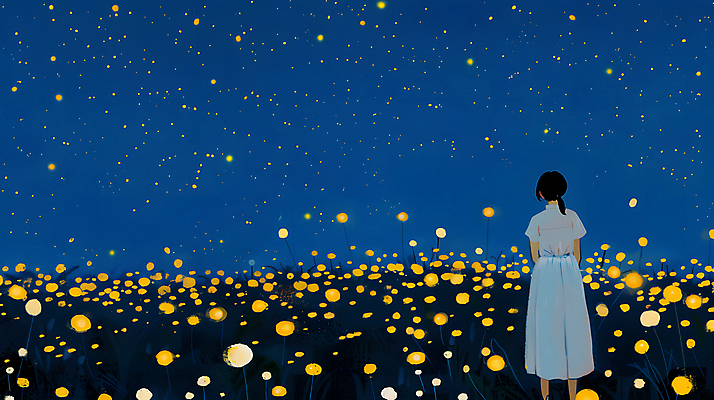 JPG 여자 꽃밭 야경 일러스트 청소년 자연 밤하늘 한명 초원 파란색 빛 평화 어둠 고요 반딧불이 십대여자한명만 국내일러스트 AI일러스트 AI콘텐츠 1 꽃 컬러 곤충 컨셉 하늘 사람 야간 생태계 여자한명만 십대여자만 파일형식 풍경_경치