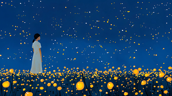 JPG 여자 꽃밭 야경 일러스트 청소년 자연 밤하늘 한명 초원 파란색 빛 평화 어둠 고요 반딧불이 십대여자한명만 국내일러스트 AI일러스트 AI콘텐츠 1 꽃 컬러 곤충 컨셉 하늘 사람 야간 생태계 여자한명만 십대여자만 파일형식 풍경_경치