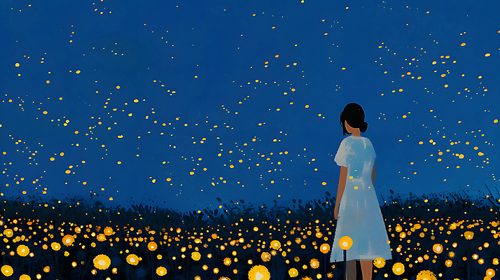 JPG 여자 꽃밭 야경 일러스트 청소년 자연 밤하늘 한명 초원 파란색 빛 평화 어둠 고요 반딧불이 십대여자한명만 국내일러스트 AI일러스트 AI콘텐츠 1 꽃 컬러 곤충 컨셉 하늘 사람 야간 생태계 여자한명만 십대여자만 파일형식 풍경_경치