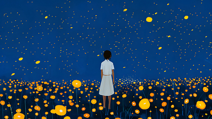 JPG 여자 꽃밭 야경 일러스트 청소년 자연 밤하늘 한명 초원 파란색 빛 평화 어둠 고요 반딧불이 십대여자한명만 국내일러스트 AI일러스트 AI콘텐츠 1 꽃 컬러 곤충 컨셉 하늘 사람 야간 생태계 여자한명만 십대여자만 파일형식 풍경_경치