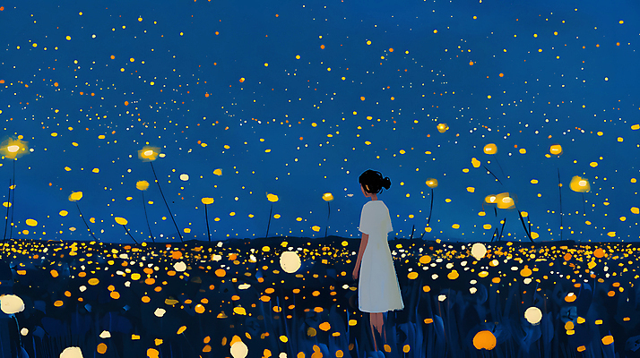 JPG 여자 꽃밭 야경 일러스트 청소년 자연 밤하늘 한명 초원 파란색 빛 평화 어둠 고요 반딧불이 십대여자한명만 국내일러스트 AI일러스트 AI콘텐츠 1 꽃 컬러 곤충 컨셉 하늘 사람 야간 생태계 여자한명만 십대여자만 파일형식 풍경_경치