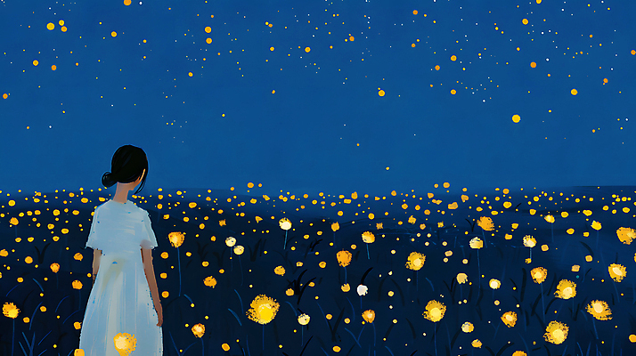 JPG 여자 꽃밭 야경 일러스트 청소년 자연 밤하늘 한명 초원 파란색 빛 평화 어둠 고요 반딧불이 십대여자한명만 국내일러스트 AI일러스트 AI콘텐츠 1 꽃 컬러 곤충 컨셉 하늘 사람 야간 생태계 여자한명만 십대여자만 파일형식 풍경_경치
