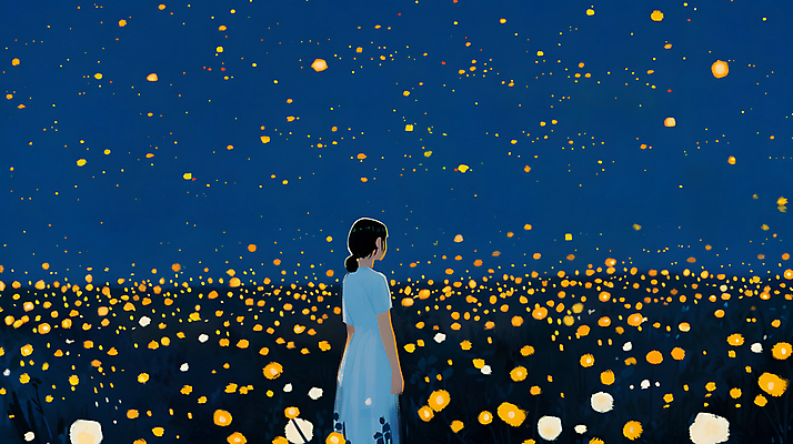 JPG 여자 꽃밭 야경 일러스트 청소년 자연 밤하늘 한명 초원 파란색 빛 평화 어둠 고요 반딧불이 십대여자한명만 국내일러스트 AI일러스트 AI콘텐츠 1 꽃 컬러 곤충 컨셉 하늘 사람 야간 생태계 여자한명만 십대여자만 파일형식 풍경_경치