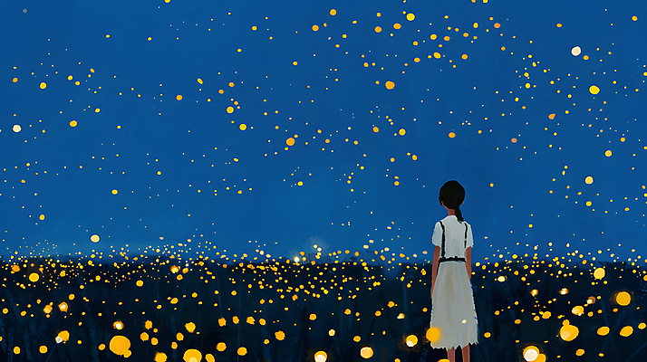 JPG 여자 꽃밭 야경 일러스트 청소년 자연 밤하늘 한명 초원 파란색 빛 평화 어둠 고요 반딧불이 십대여자한명만 국내일러스트 AI일러스트 AI콘텐츠 1 꽃 컬러 곤충 컨셉 하늘 사람 야간 생태계 여자한명만 십대여자만 파일형식 풍경_경치