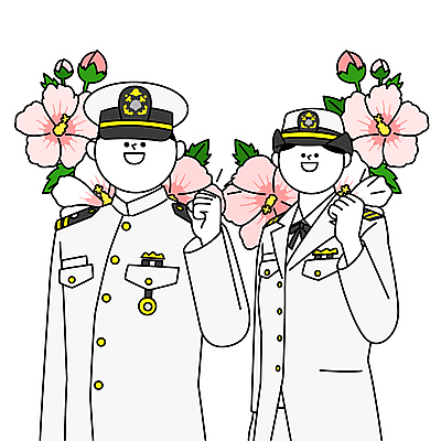 여자 남자 일러스트 상반신 성인 두명 파이팅 군인 해군 무궁화 정복 해군모자 해군복 성인만 국내일러스트 AI파일 직업 꽃 모션 군대 사람 군복 국군 군모 파일형식 벡터