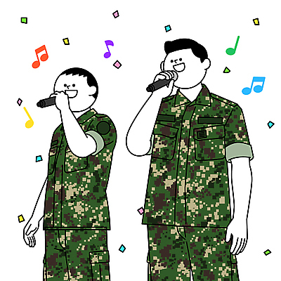 남자 음표 일러스트 노래 군대 들기 상반신 성인 두명 축제 군인 마이크 군복 꽃가루 성인남자만 국내일러스트 AI파일 직업 기호 음악 음향기기 유니폼 모션 사람 가루 국군 남자만 성인만 파일형식 벡터