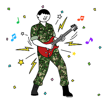전신 남자 별 연주 음표 일러스트 군대 한명 서기 성인 축제 군인 일렉기타 군복 꽃가루 번개모양 성인남자한명만 국내일러스트 AI파일 자연요소 모양 직업 1 기호 음악 유니폼 모션 사람 기타 번개 가루 국군 남자한명만 성인남자만 파일형식 벡터