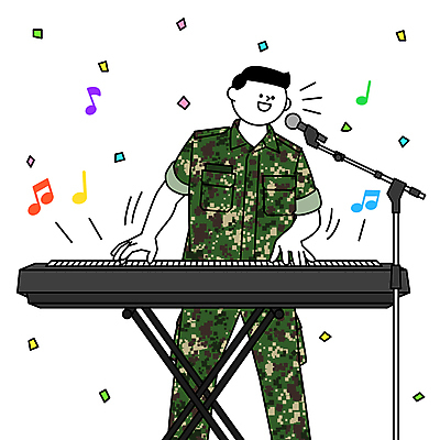 남자 연주 음표 일러스트 노래 군대 한명 상반신 성인 축제 군인 마이크 군복 꽃가루 전자피아노 성인남자한명만 국내일러스트 AI파일 직업 1 기호 음악 음향기기 유니폼 사람 피아노 가루 국군 남자한명만 성인남자만 파일형식 벡터