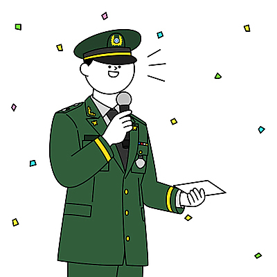 남자 종이 일러스트 군대 한명 들기 상반신 성인 축제 군인 사회자 마이크 군복 꽃가루 진행 군모 성인남자한명만 국내일러스트 AI파일 직업 1 음향기기 유니폼 모션 사람 가루 군용 국군 남자한명만 성인남자만 파일형식 벡터