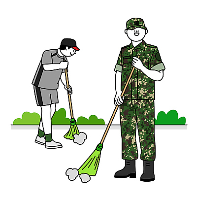 전신 남자 일러스트 군대 성인 두명 일상 생활 군인 빗자루 군복 마당쓸기 성인남자만 바닥청소 국내일러스트 AI파일 직업 유니폼 사람 라이프 청소도구 청소 국군 남자만 성인만 파일형식 벡터