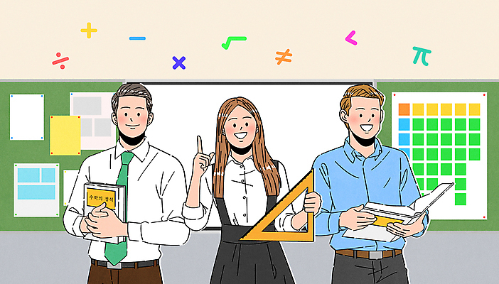 여자 남자 일러스트 학교 수업 들기 상반신 성인 세명 교사 칠판 가리킴 수학 삼각자 수학교육 수학기호 수학책 성인만 국내일러스트 AI파일 직업 기호 교육 교과목 모션 자 사람 손짓 책 파일형식 벡터