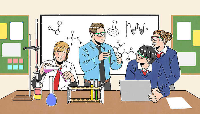 학생 여자 남자 교복 일러스트 학교 청소년 수업 고글 실험 들기 여러명 성인 노트북 교사 칠판 붓기 시험관 삼각플라스크 과학교육 과학선생님 시험관대 국내일러스트 AI파일 직업 옷 교육 과학 다수 모션 실험기구 사람 전자제품 플라스크 파일형식 벡터